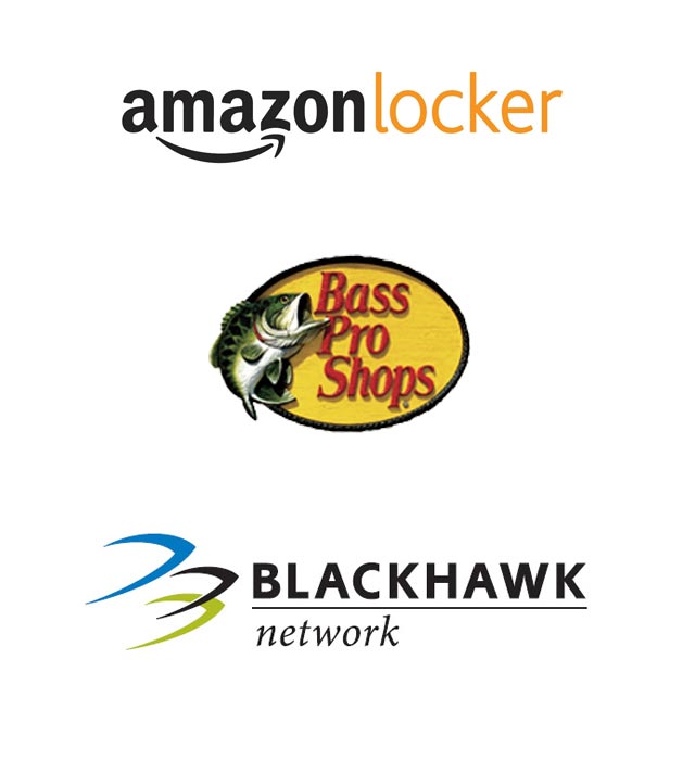 Our partner logos: Amazon Locker, Bass Pro Shops, Blackhawk Network