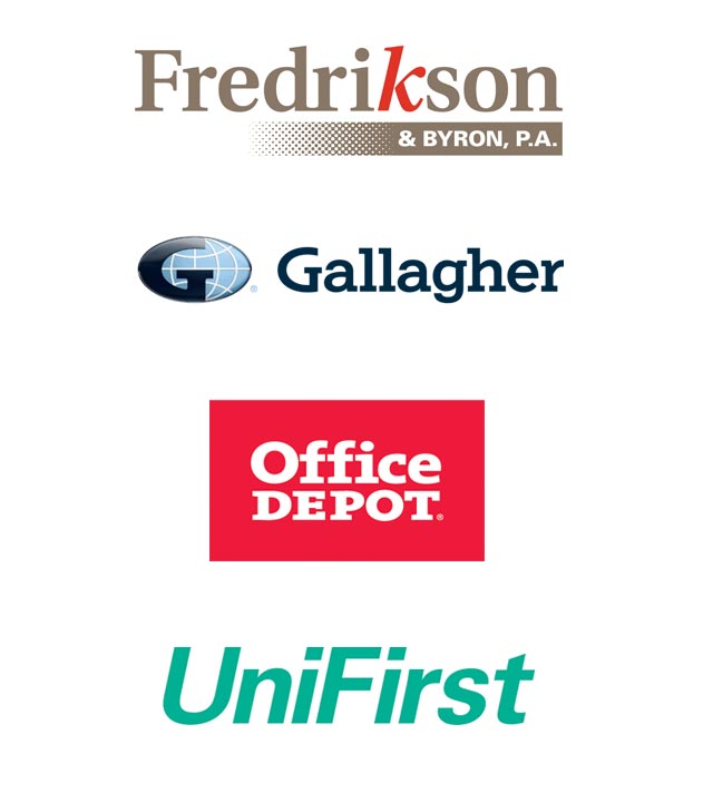 Our partner logos: Fredrikson & Byron, P.A., Gallagher, Office Depot, UniFirst